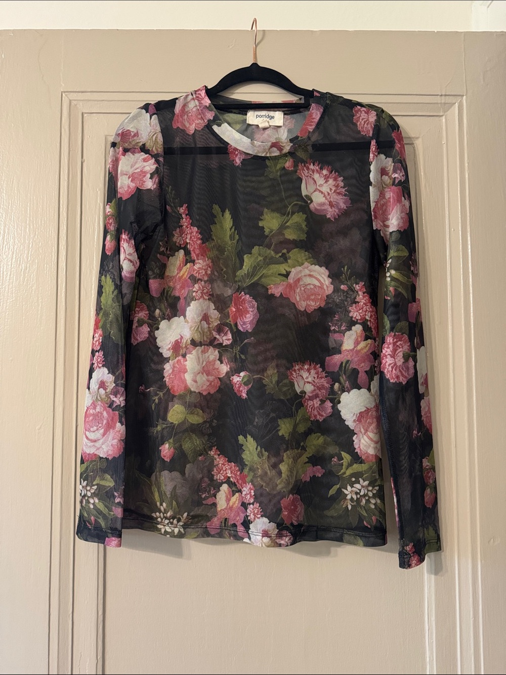 Anthropologie Black Mesh Long Sleeve Top with Pink & Green Floral Print